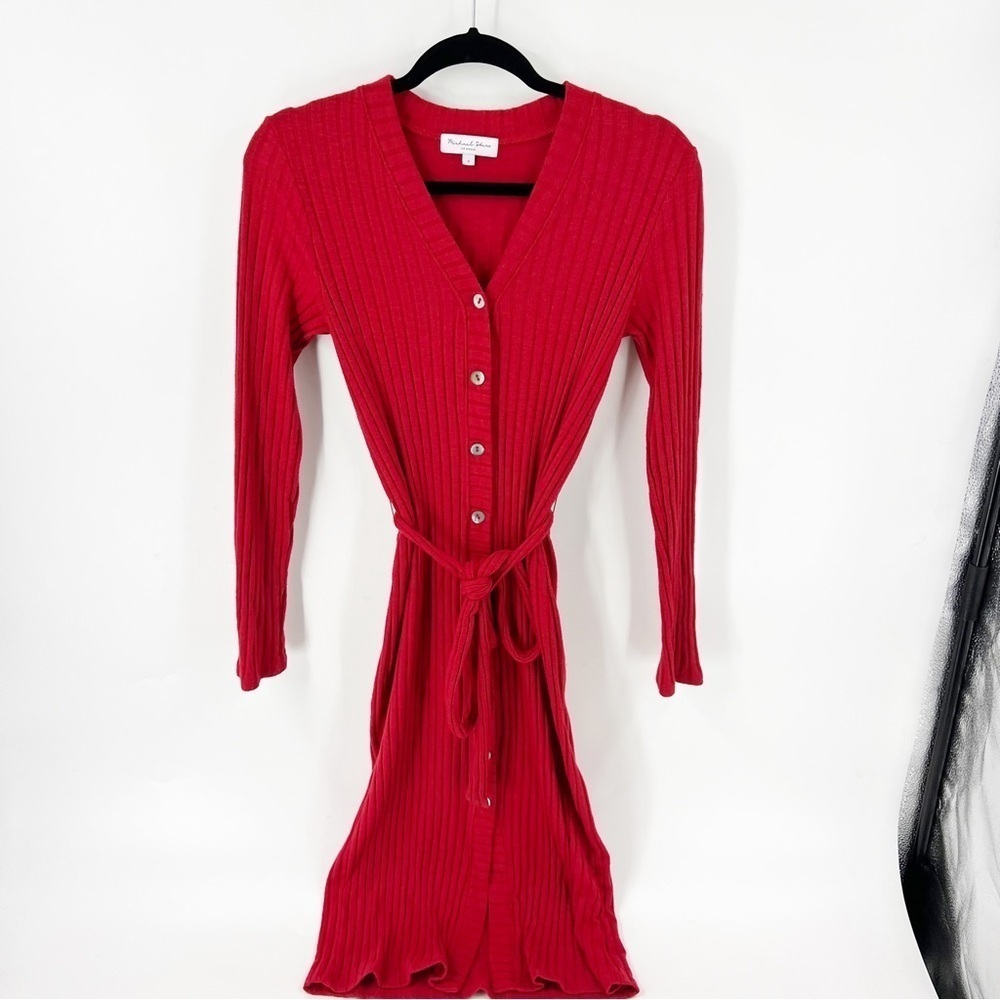 ✅MICHAEL STARS RED RIBBED BUTTON FRONT T-SHIRT DRESS‎ SIZE SMALL